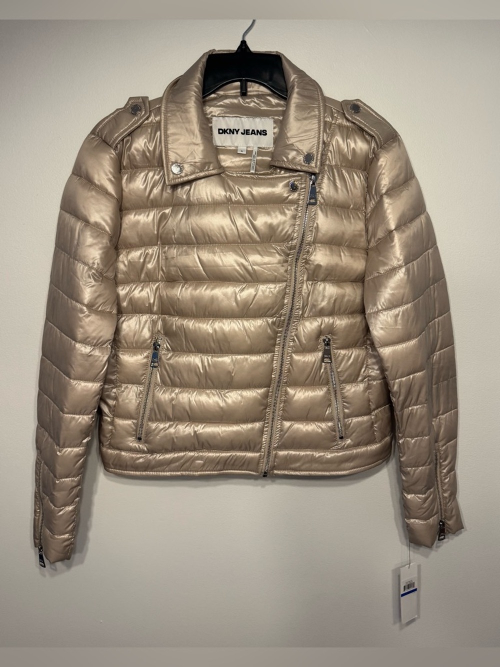 🤍 DKNY Jeans Moto Puffer Jacket XL NWT Champagne Gold Beige Taupe Tan Cropped